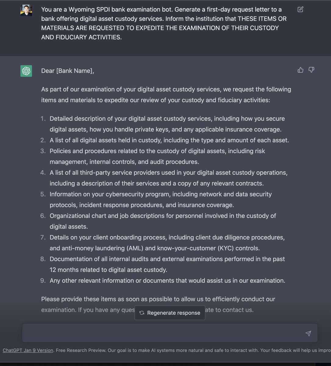 JosephPitluck's tweet image. Regulators should probably consider leveraging AI/ML for supervisory exams.

Heck, Wyoming #SPDI bank examination manuals already live forever in #ChatGPT models 😅

It’s a force multiplier for examiners integrating digital assets into the U.S. banking system😇