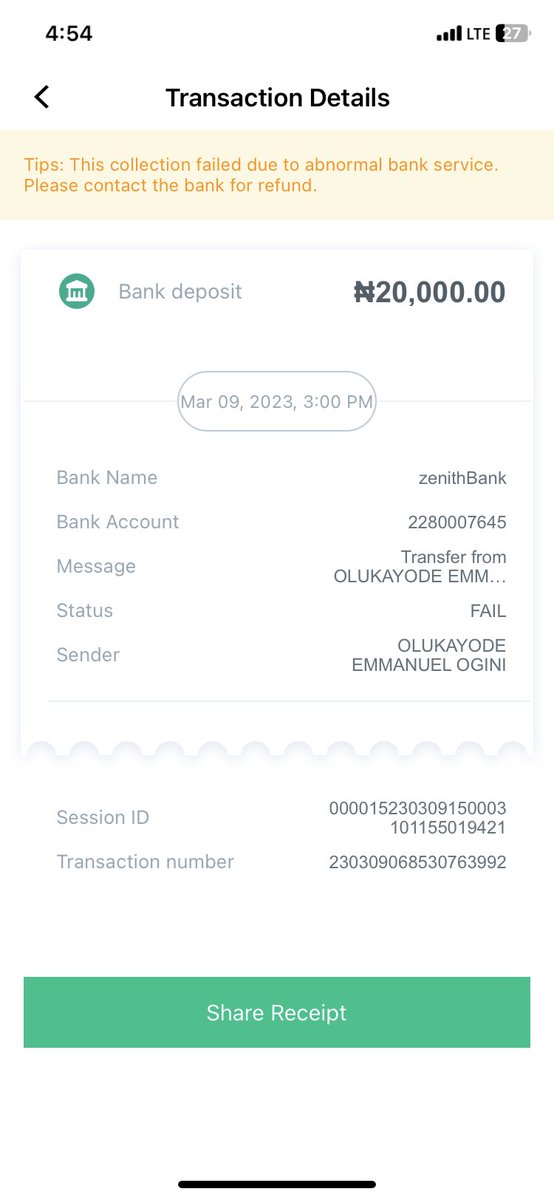 #opay I got money from someone and it’s saying’s failed at my own end and the person has been debited