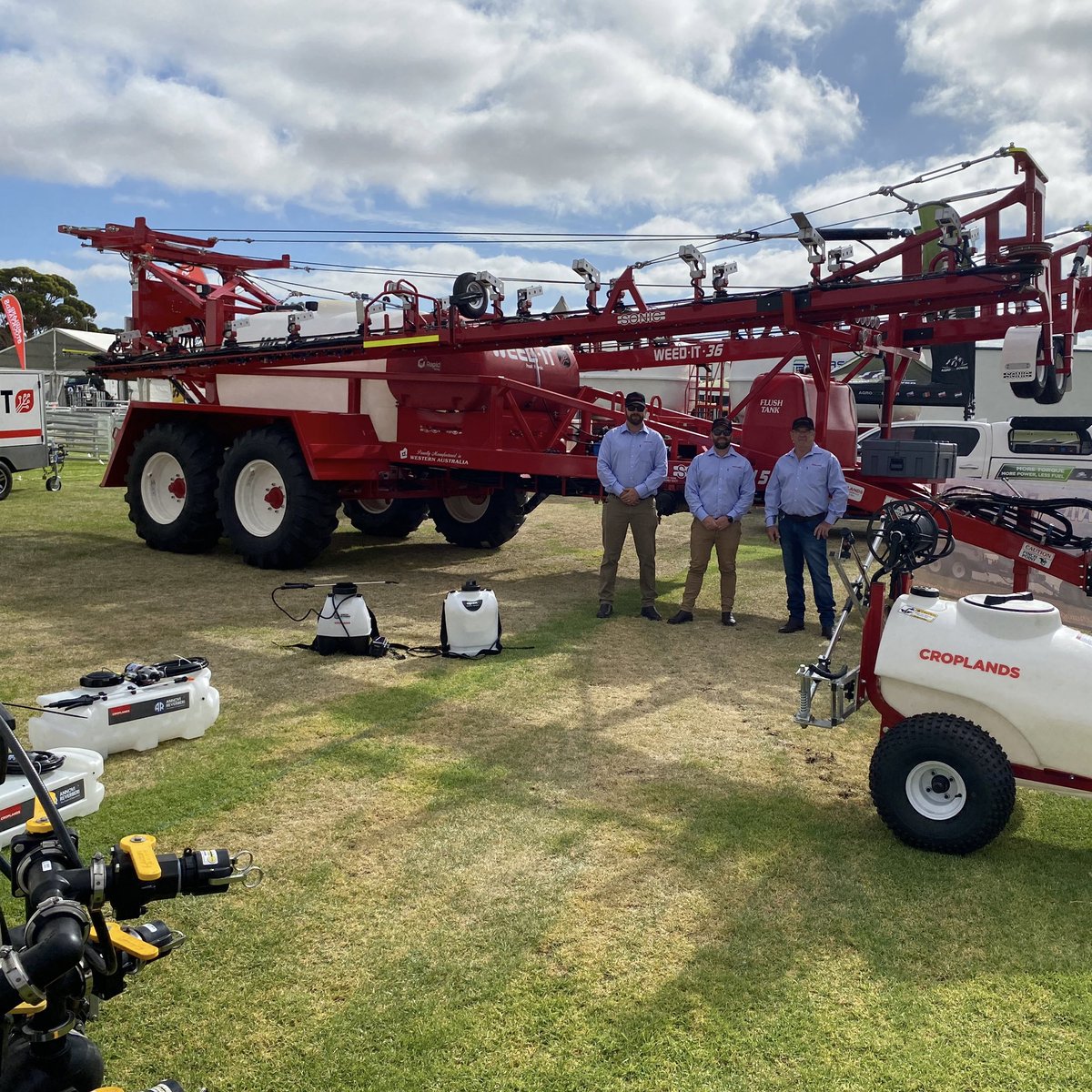 Croplands's tweet photo. It’s @woolorama time in Wagin, WA. The Croplands team is on site 54 with a range of sprayers on display - from 15-litre knapsacks all the way up to the impressive Sonic #WEEDIT optical spot sprayer. #Croplands #wagin #woolorama https://t.co/PvddQID2UY