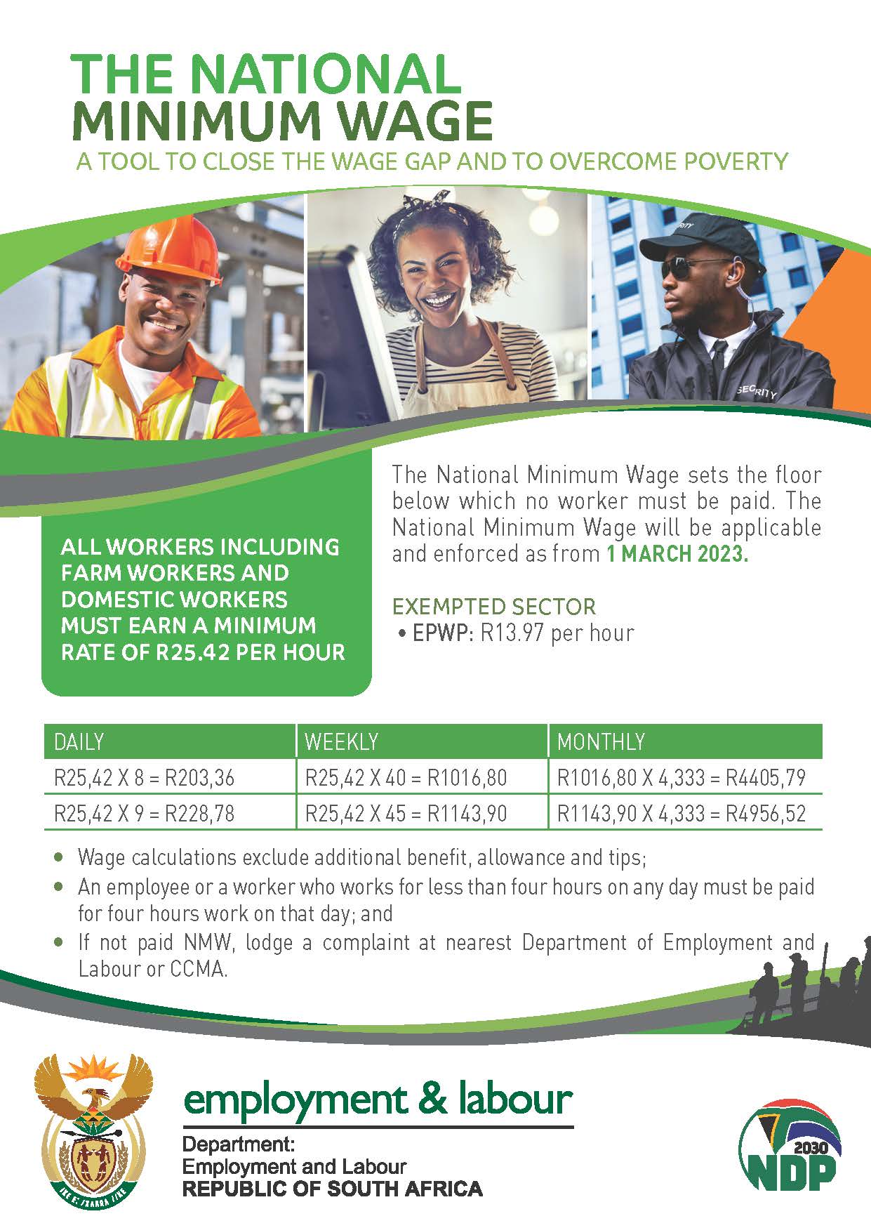 Department of Employment and Labour on Twitter: "The #NationalMinimumWage  sets the floor below which no worker must be paid. The National Minimum Wage  will be applicable and enforced as of 1 MARCH