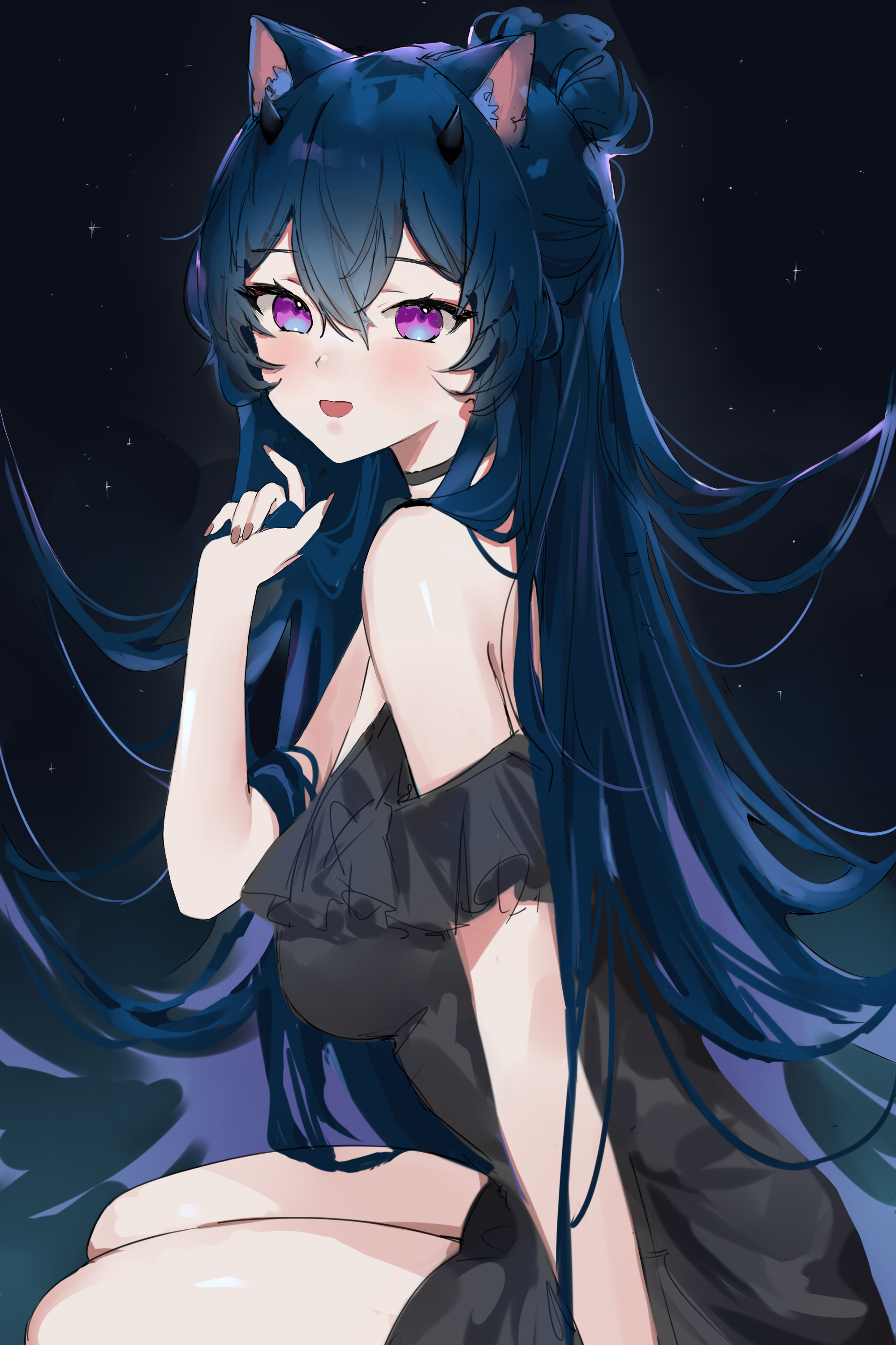 n: Wolf cute anime girl with black hair, dark blue eyes