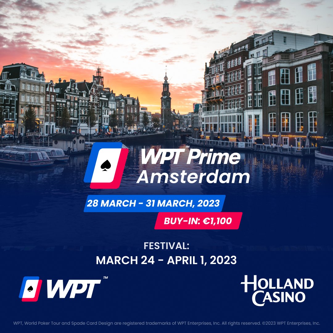 Exciting news! I'll be attending the <a href="/WPT/">World Poker Tour</a> Prime Amsterdam event at <a href="/hollandcasino/">Holland Casino</a> from March 24 to April 1! 
Pretty excited to be in Europe and to have a fantastic week of poker. ♠️🎉

See you there: bit.ly/PrimeAmsterdam 

#WPTPrimeAmsterdam #HollandCasino #Poker