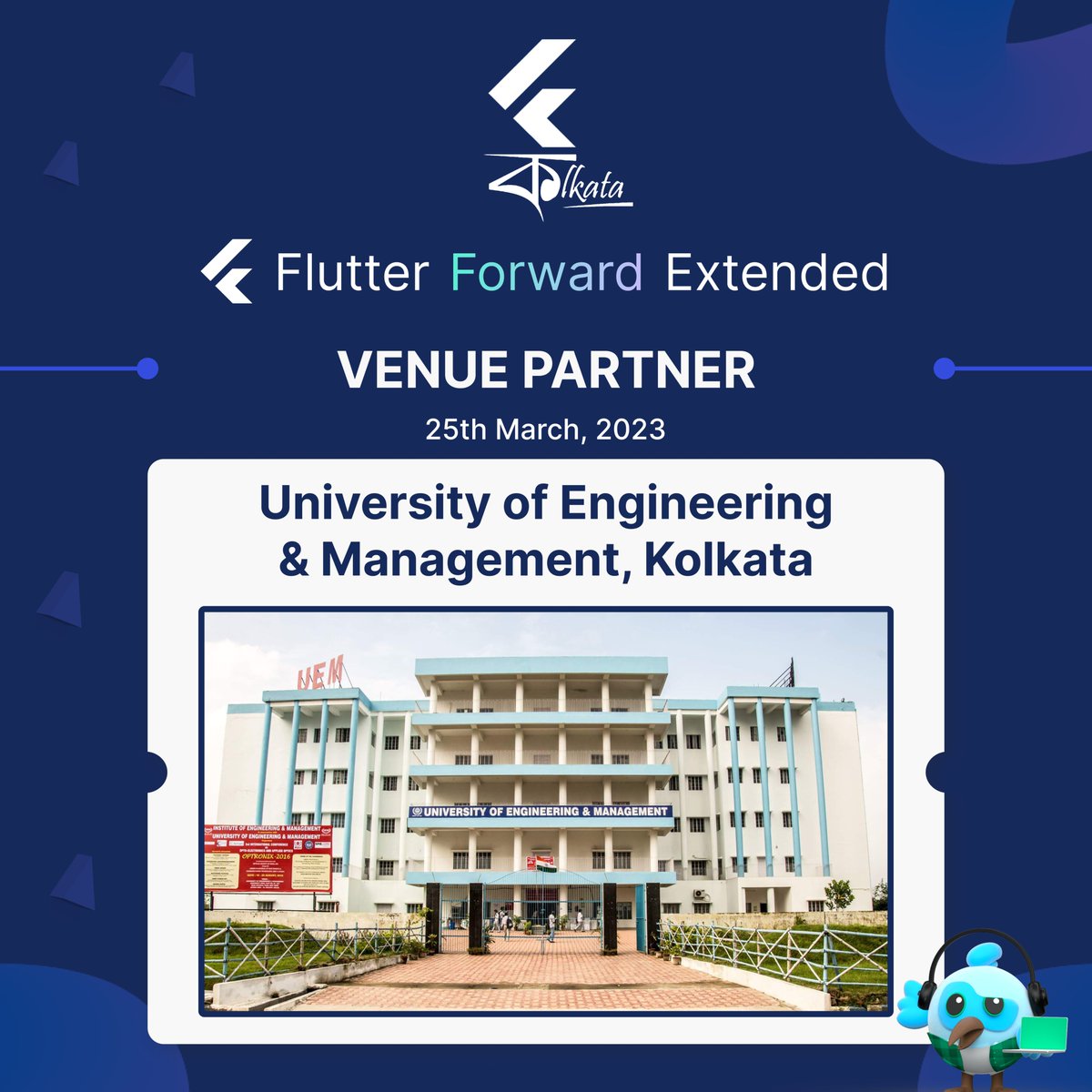 The wait is finally over and we are ready to announce the University of Engineering &amp; Management (UEM), Kolkata as the venue partner of our upcoming Event. 

So what are you waiting for? 

Register here: lu.ma/flutterkolkata

#FlutterKol #FlutterKolkata #partner