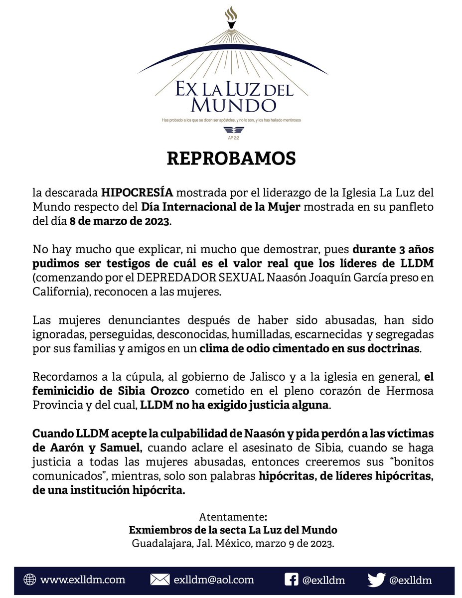 Contracomunicado EXLLDM
Por el Día Internacional de la Mujer
#LLDM 
#TLOTW
#DiaDeLaMujer 
#DiaInternacionalDeLaMujer 
#WeAreLight
#NaasonJoaquinGarcia