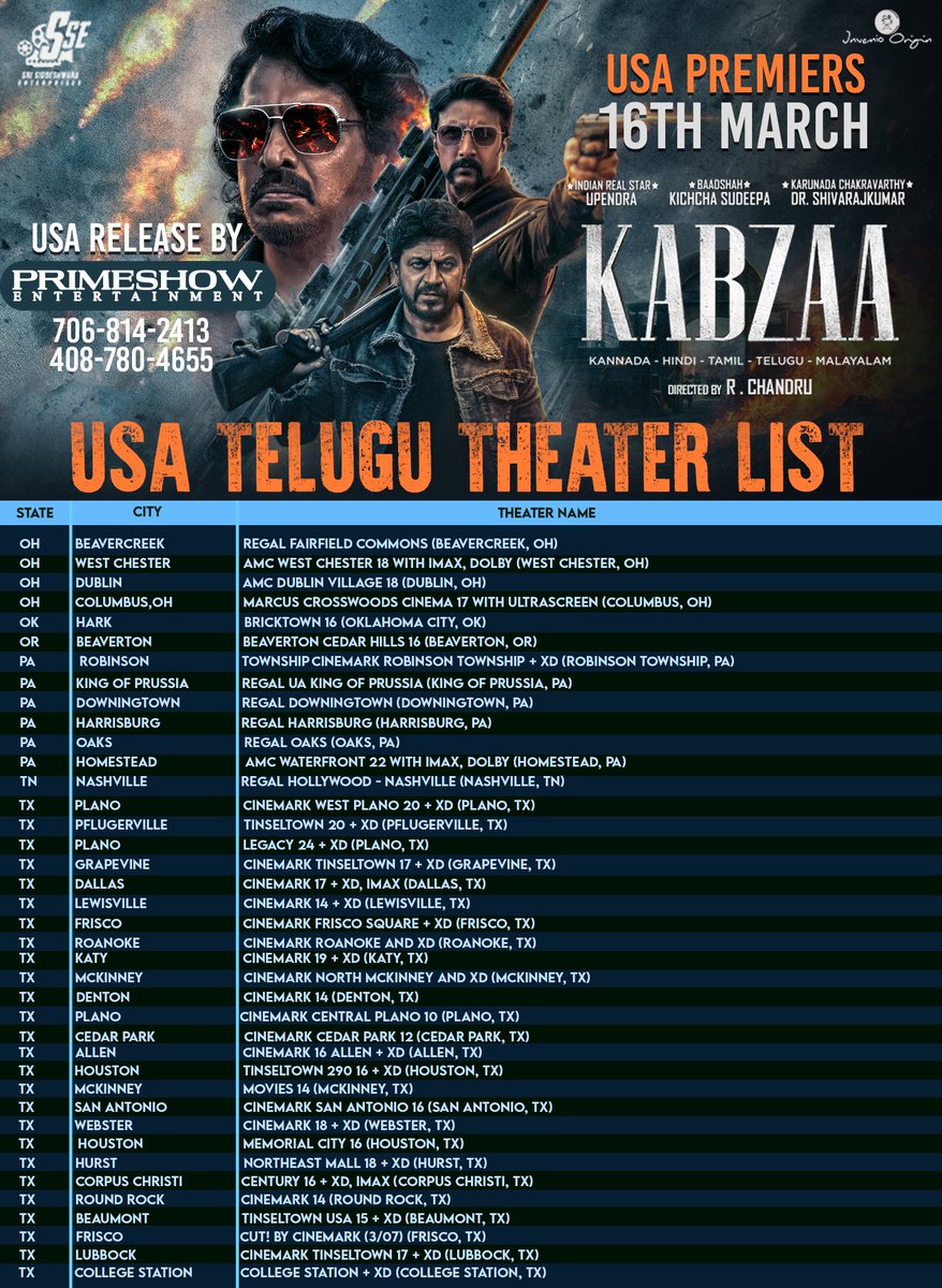 The Biggest Gangster Action Drama #Kabzaa (Telugu) gets a 'PRIME' release in the USA 💥✅

Release by @primeshowtweets 

Premiers on Mar 16th in below theatres 👇

<a href="/nimmaupendra/">Upendra</a> <a href="/KicchaSudeep/">Kichcha Sudeepa</a> 
#ShivaRajkumar
<a href="/shriya1109/">Shriya Saran</a> @rchandru_movies <a href="/RaviBasrur/">Ravi Basrur</a> <a href="/kp_sreekanth/">Sreekanth KP</a> <a href="/vamsikaka/">Vamsi Kaka</a>