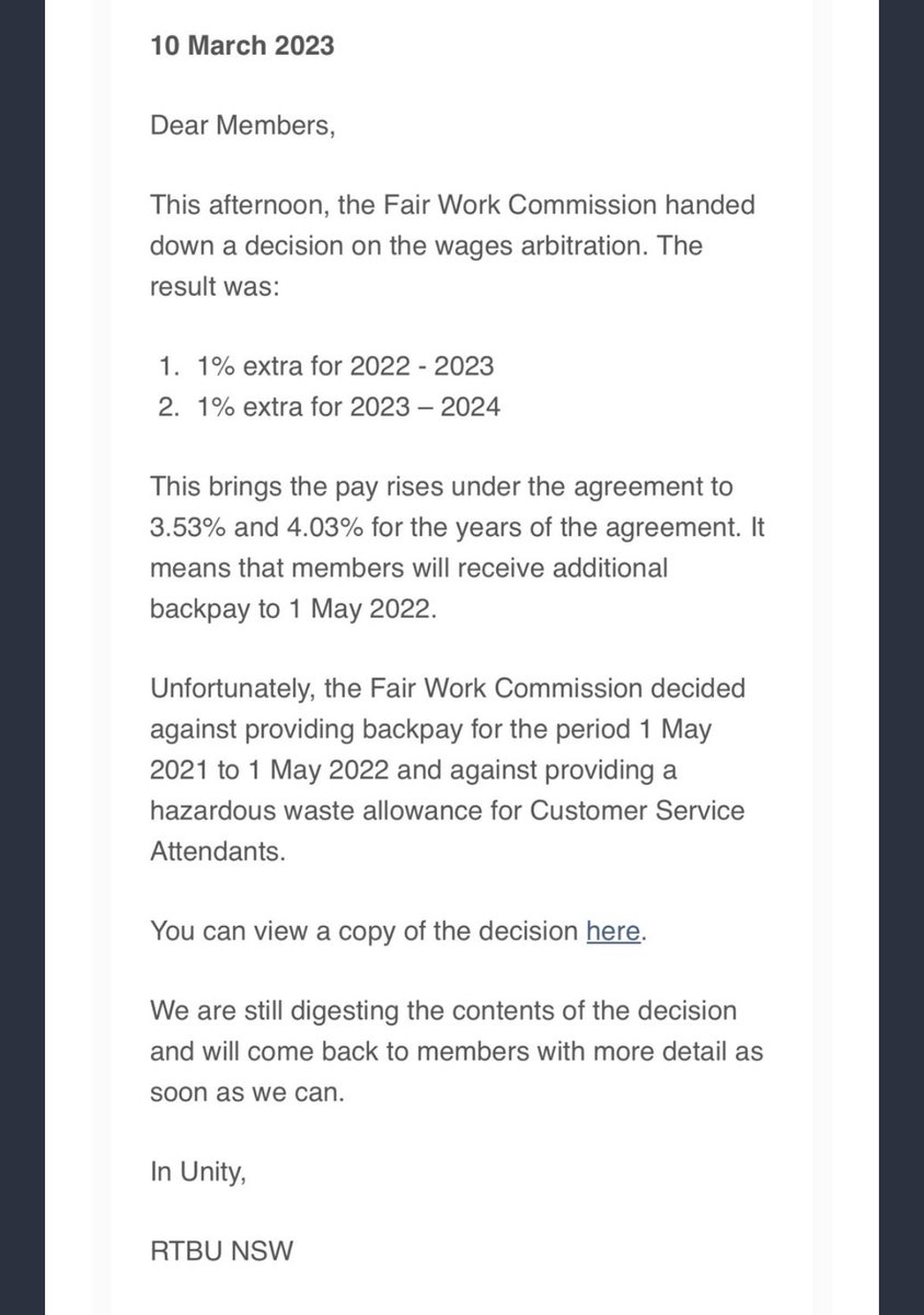 Fair Work Commission has granted Rail Tram and Bus Union and extra 1% per annum pay rise for rail workers. Now 3.5% and 4% pay increases year on year ⁦<a href="/2GB873/">2GB Sydney</a>⁩ ⁦<a href="/9NewsSyd/">9News Sydney</a>⁩