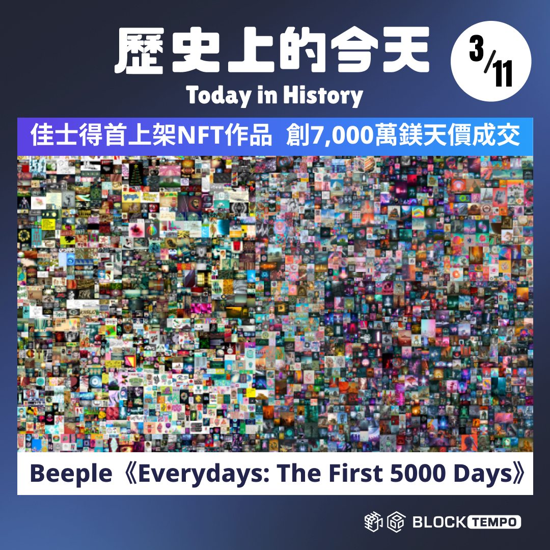 ◤ 歷史上的今天 2021.3.11｜佳士得首拍 @beeple NFT創天價成交 ◢ 《Everydays – The First 5000 Days》NFT作品以 6,935 萬美元成交（超過 19.3 億台幣），象徵傳統拍賣行對數位藝術市場逐漸重視。