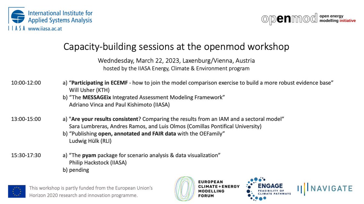 Two weeks until the <a href="/openmod/">OpenMod Initiative</a> workshop hosted by the <a href="/IIASAVienna/">IIASA</a> #Energy #Climate &amp; #Environment program!

Learn about model comparison, #FAIRdata, #opensource tools #MESSAGEix &amp; #pyam_iamc, ...

Join the #CapacityBuilding sessions online!
Wed, March 22 👉forms.office.com/e/rPnbkLYAxp