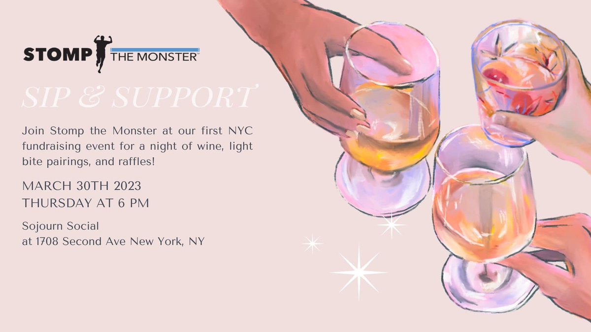 StomptheMonster's tweet photo. Our Sip &amp; Support is tonight in #NYC! We can't wait to see you all there for a night of FUN-draising, good food, and a great cause. You can still register here: https://t.co/43PDZnMJwT https://t.co/VhCxujICip