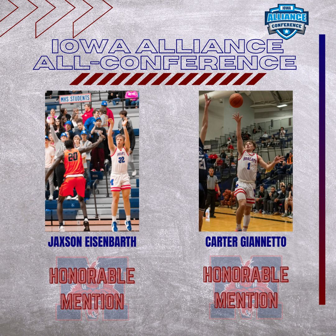 Congratulations to the Bobcats selected to the Iowa Alliance Northern Division All-Conference Teams!

1st Team - Dalen Huston
2nd Team - Drake Kapayou &amp; Tre Brooks
Honorable Mention - Jaxson Eisenbarth &amp; Carter Giannetto
#iahsbkb #MHSBobcats #GoCats