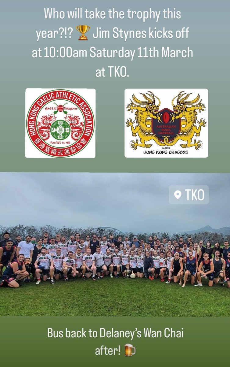 Hong Kong GAA (@hk_gaa) on Twitter photo The Jim Stynes Cup returns tomorrow after a one year haitus. We are also delighted to say that we will be joined by the <a href="/AusCGHK/">Gareth Williams</a> Elizabeth Ward! All are welcome to come and watch! There will be a bus back to Delaney's, Wan Chai, afterwards for some food! HKGAA abú!! The Jim Stynes Cup returns tomorrow after a one year haitus. We are also delighted to say that we will be joined by the <a href="/AusCGHK/">Gareth Williams</a> Elizabeth Ward! All are welcome to come and watch! There will be a bus back to Delaney's, Wan Chai, afterwards for some food! HKGAA abú!!