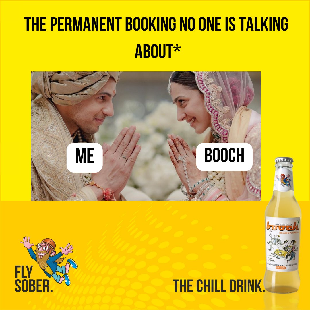 boohzindia's tweet photo. Get your permanent booking done with "Booch" 🥳🍻
#boochbeverages #TheChillDrink #permanentbooking #bollywood #memes #stressbuster #StressBustingDrink #NonAlcoholic #FlySober #LowCalorie #chill #relax #sidharthmalhotra #kiaraadvani #bangalore #India https://t.co/Iway1vVBzy