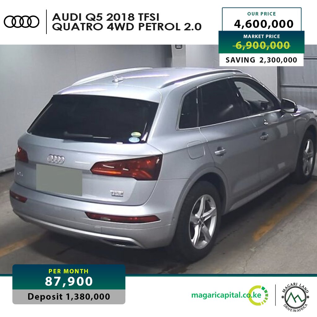 AutodirectKe's tweet photo. 🚨DEAL ALERT🚨
Drive away this Audi Q5 2018 TFSI Quatro 4WD Petrol for only 4,600,000 by direct importing! 🚗💨 
💰 Pay 1,380,000 upfront &amp; balance by cash or bank finance at delivery time. Don't miss out on this amazing offer!🔥

Call to action: https://t.co/w7Ykhy24fL https://t.co/MloUeHYitV