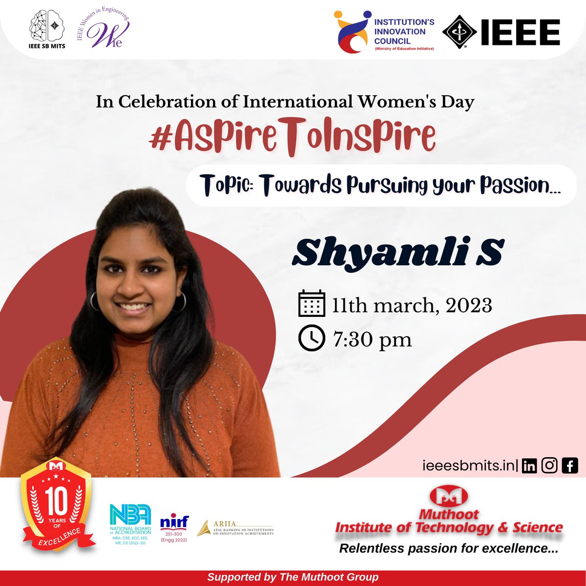 MITSKochi's tweet photo. Women In Engineering, WIE affinity group of IEEE Student Branch of MITS on account of the 𝗜𝗻𝘁𝗲𝗿𝗻𝗮𝘁𝗶𝗼𝗻𝗮𝗹 𝗪𝗼𝗺𝗲𝗻'𝘀 𝗗𝗮𝘆 is organizing an online talk session on the theme Towards pursuing passion https://t.co/5QZo9hAin5