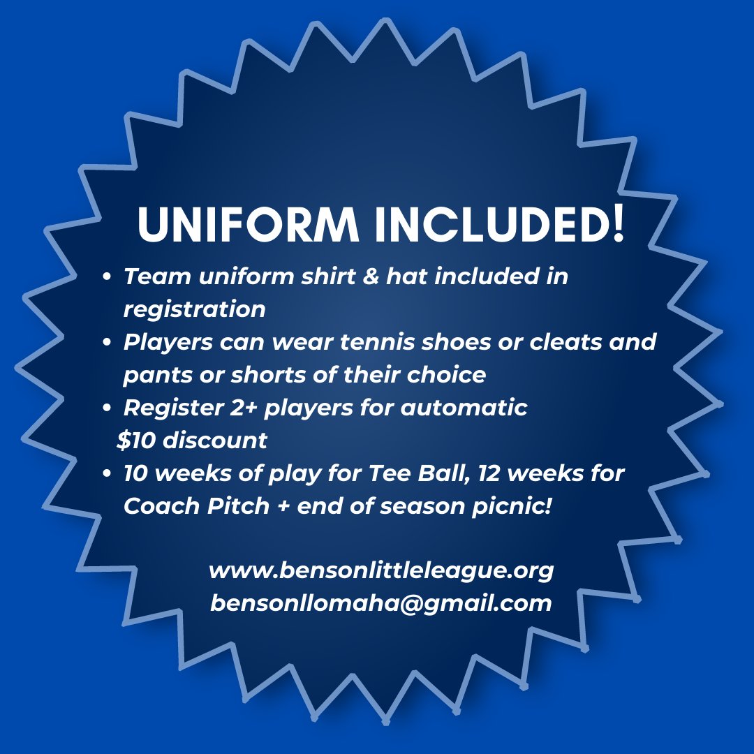 Just a couple of spots remaining for Baseball ages 6 &amp; 7 and Tee Ball for ages 4-6!!!  Register today at bensonlittleleague.org  ⚾