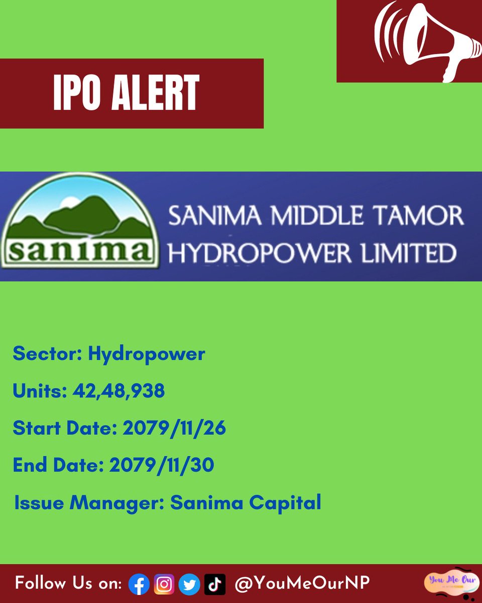 YouMeOurNP's tweet photo. IPO Alert !!! 
Sanima Middle Tamor Hydropower Limited is issuing 42,48,938 units of IPO Shares from 26 Falgun to 30 Falgun, 2079.
Do not miss your chance to apply.

#SanimaMiddleTamor #IPOAlert #ShareBazaar #YouMeOurNP https://t.co/v529gLBomr