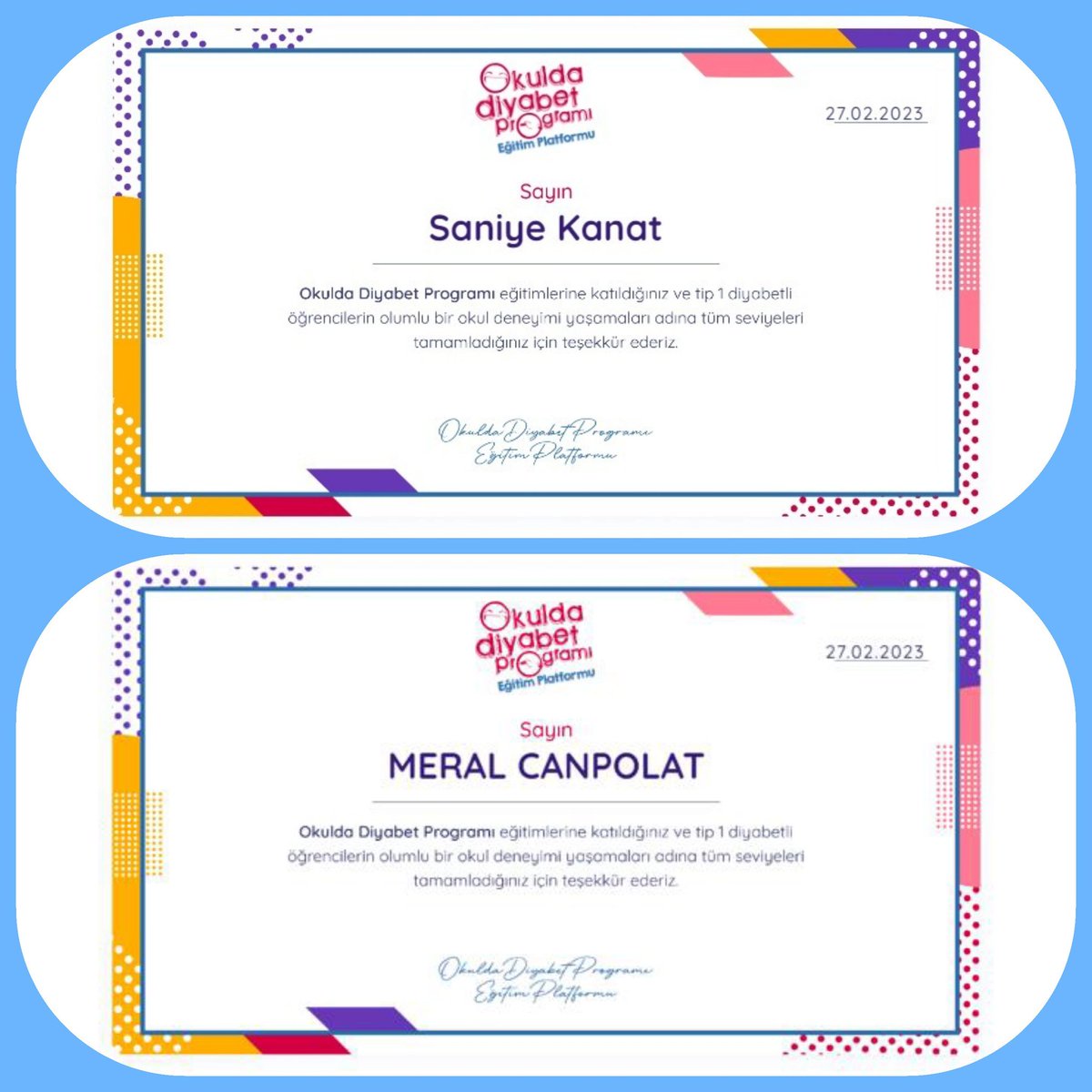 Pursaklar Okul Sağlığı Ekibi "Okulda Diyabet Programı" eğitimini tamamlayarak  belgelerini aldılar.  Meral CANPLAT ile Saniye KANAT  Hocalarımızı tebrik ediyoruz. 
<a href="/tcmeb/">Millî Eğitim Bakanlığı</a>
<a href="/meb_dhgm/">Destek Hizmetleri Genel Müdürlüğü</a>
<a href="/OzilLevent/">Dr. Levent Özil🇹🇷🇹🇷🇹🇷</a>
<a href="/ozkan_meb/">Özkan AVCI</a>
<a href="/MemAnkara/">Ankara İl Millî Eğitim Müdürlüğü</a>
<a href="/Harunfatsa/">Harun Fatsa</a>
@ismail_ctinkaya