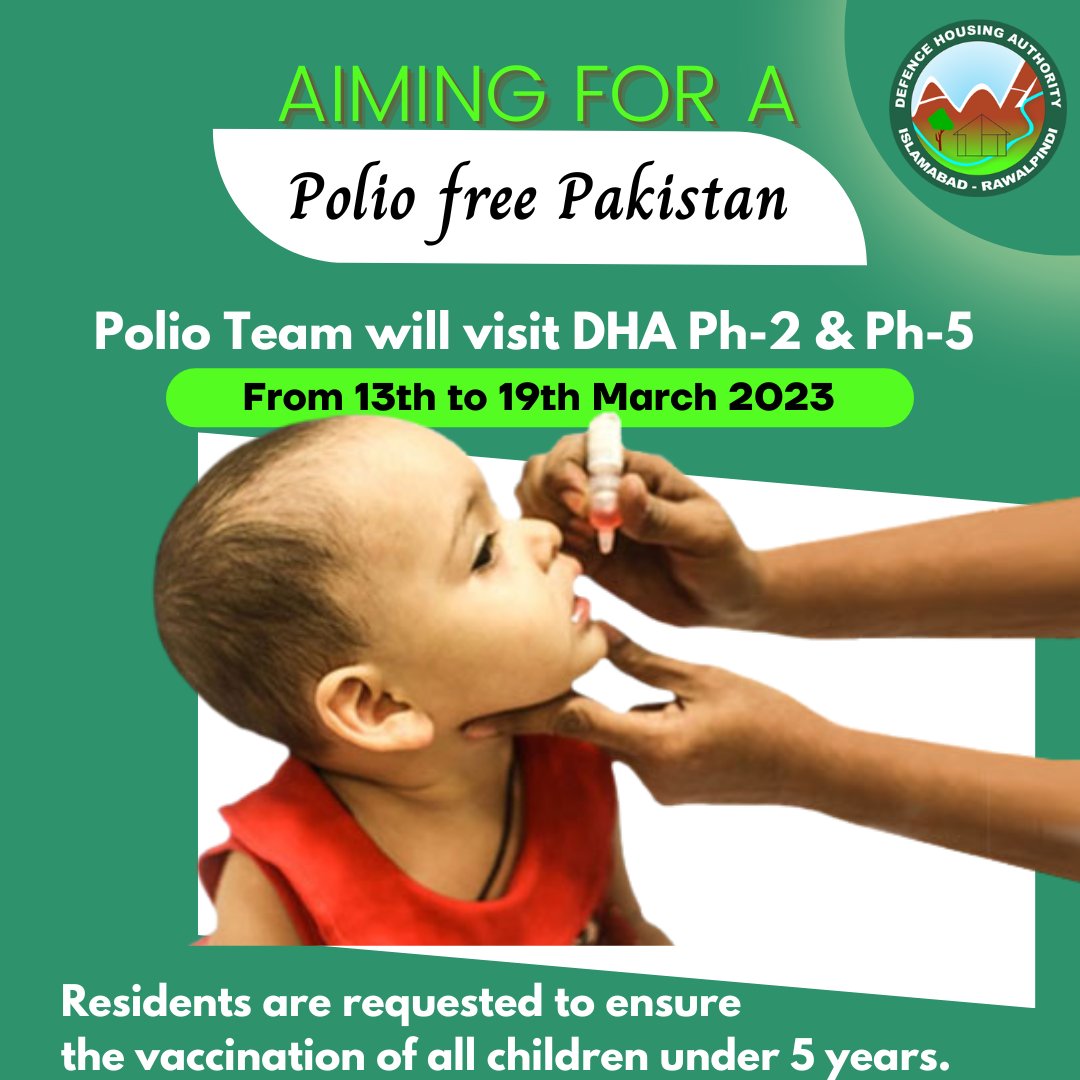 Protect your kids, protect your community & join the fight against polio. 
𝗘𝗻𝗱 𝘁𝗵𝗶𝘀 𝗱𝗶𝘀𝗲𝗮𝘀𝗲 𝗮𝗻𝗱 𝘀𝗲𝗰𝘂𝗿𝗲 𝗮 𝗵𝗲𝗮𝗹𝘁𝗵𝘆 𝗳𝘂𝘁𝘂𝗿𝗲.

#DHAIR #DHAIslamabad #DHARawalpindi #endpolio #PolioFreePakistan #PolioFree #PolioCampaign