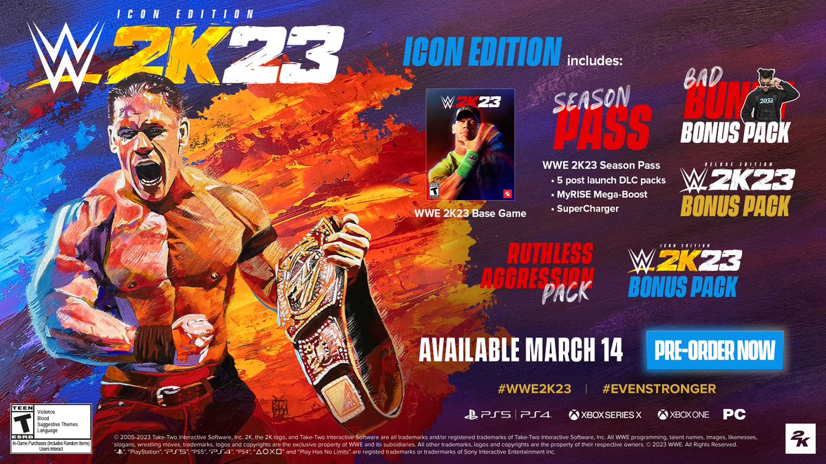WWEgames's tweet photo. Be an ICON in #WWE2K23 

The Icon Edition will feature:
♦️ All of the Deluxe Edition perks (3-Day Early Access, Season Pass, Bad Bunny Bonus Pack, Deluxe Edition Bonus Pack)
♦️ Ruthless Aggression Pack
♦️ Icon Edition Bonus Pack https://t.co/R4rKR5SnMM