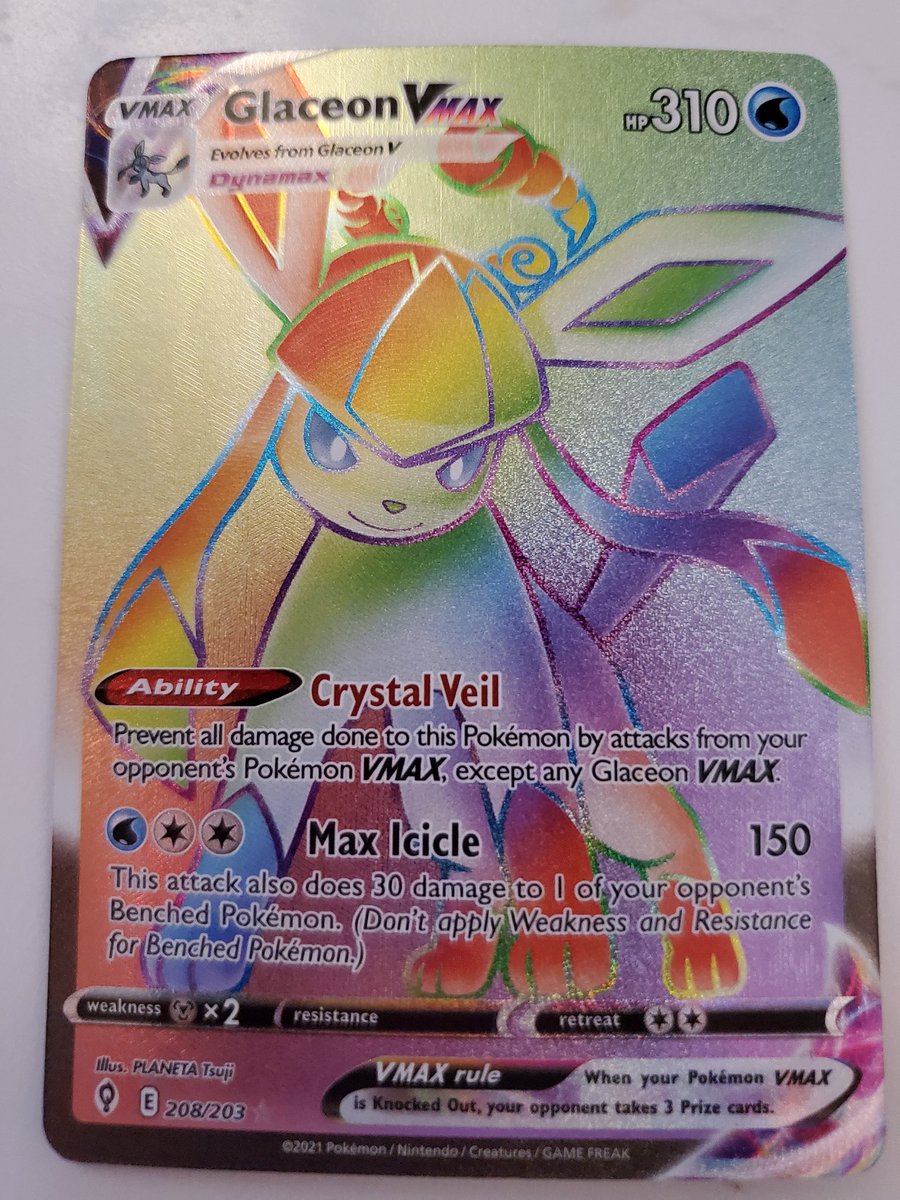 Zodyrus's tweet image. I think imma try this #tradeup challenge. I'm looking to trade up to a Reverse Holo Legebdary collections Charizard. But we'll start with thus Rainbow Glaceon Vmax from #evolvingskies @BUYSELLTRADETCG @FTC_MARKET @Itz_Pole_Cat @PokieNova