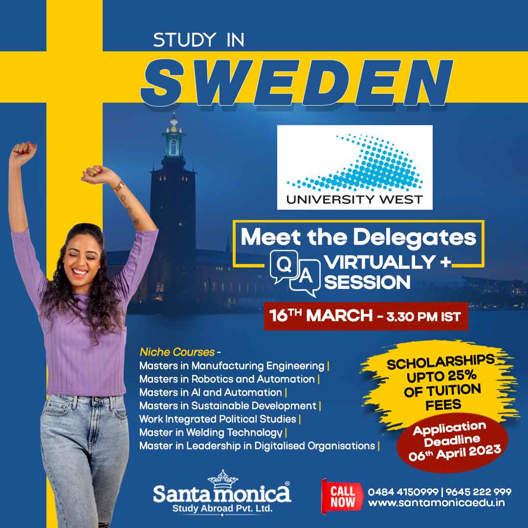 Study in SWEDEN | Meet the Delegates Online Session for University West on 16th March. Call Santamonica Study Abroad at +91 9645 222 999 for details.

Register: us06web.zoom.us/meeting/regist…

#santamonicastudyabroad #studyabroad #studyinsweden #sweden