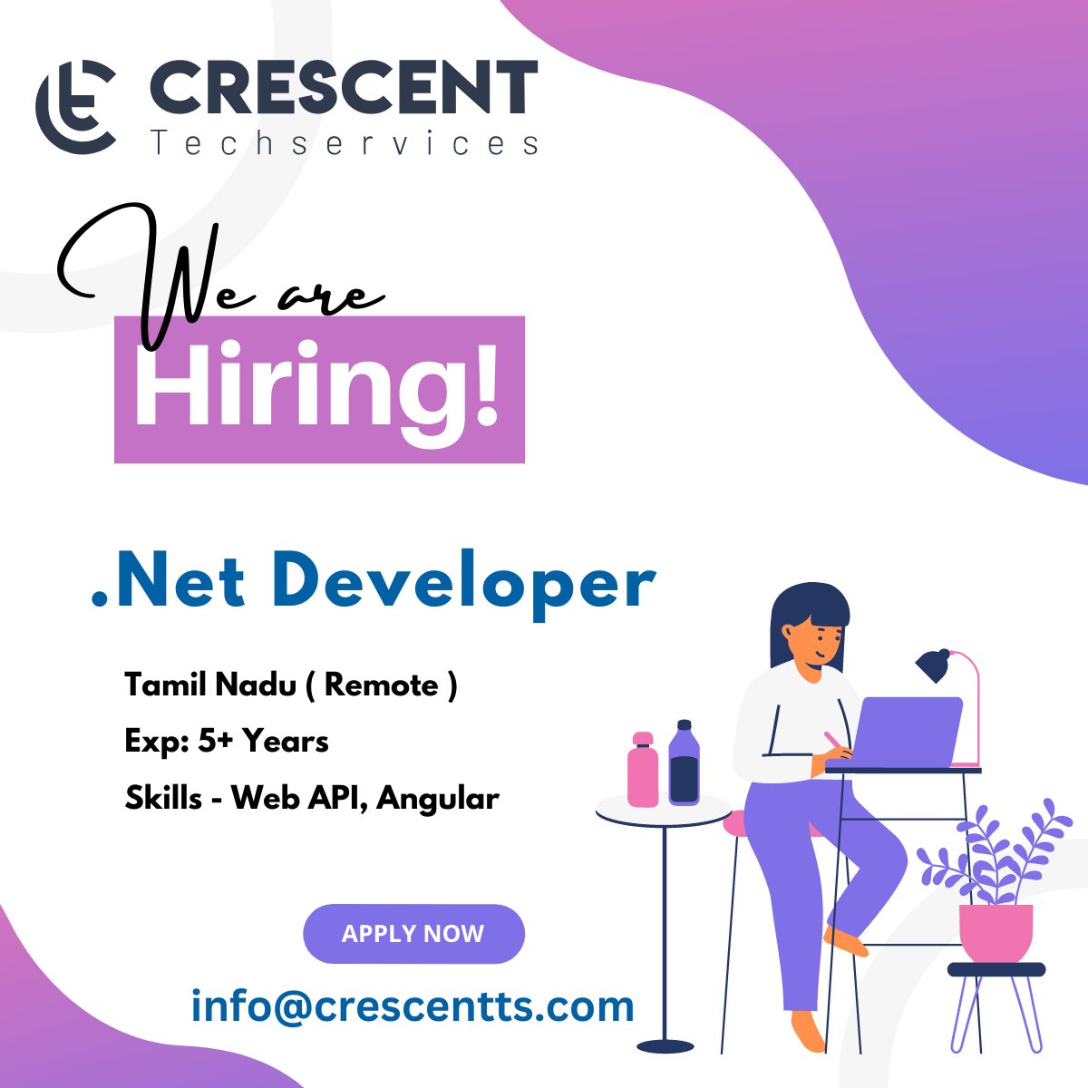 Crescent_Tech_'s tweet image. We are hiring for a U.S.-based company located in Chennai. Top-notch work culture.
Apply at info@crescentts.com

#JOBLIFE #hiring #developers #DeveloperJobs