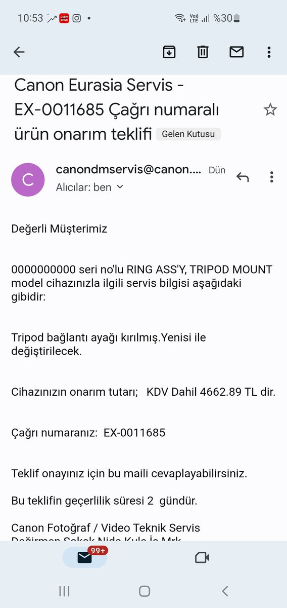 Depremde Canon RF100-500 Lensimin tripod mount halkası kırılmıştı. Canon ile irtibata geçtim ve verilen fiyata bakın😤. Bu nasıl bir fiyat 50 gr lık bir metal parçasına 4662TL el insaf. #Canon #canoneurasia #canontürkiye