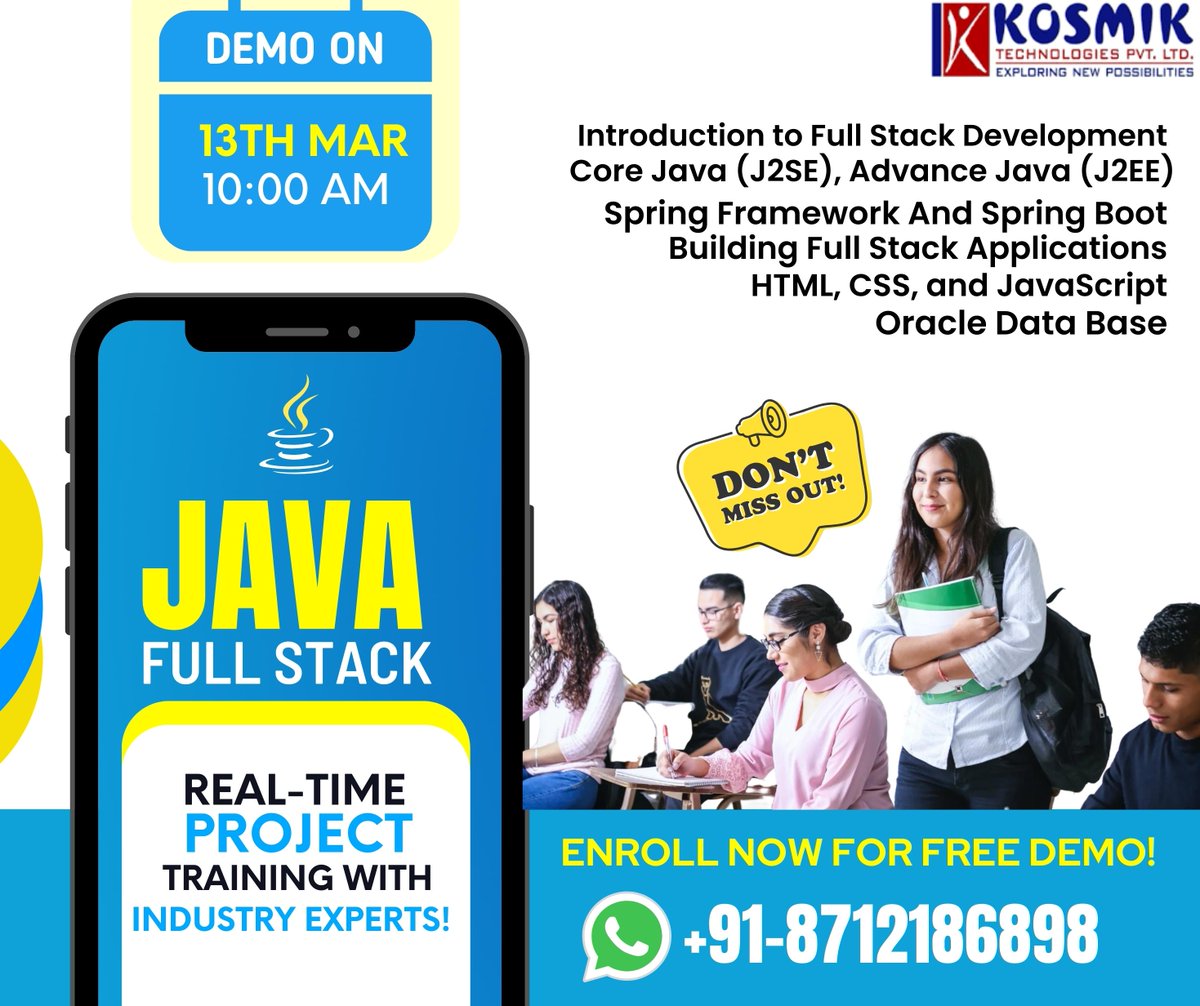 Kosmikteck's tweet image. JAVA Full stack training in Hyderabad
Register for a free demo: bit.ly/2KKDgEO
Phone no: 8712186898
#javafullstack #JAVAFullstackonlinetraining #javaprogramming #javascriptdeveloper #JAVAOnlineTraining #Bestjavatraining
#JAVAFullstacktraininginhyderabad