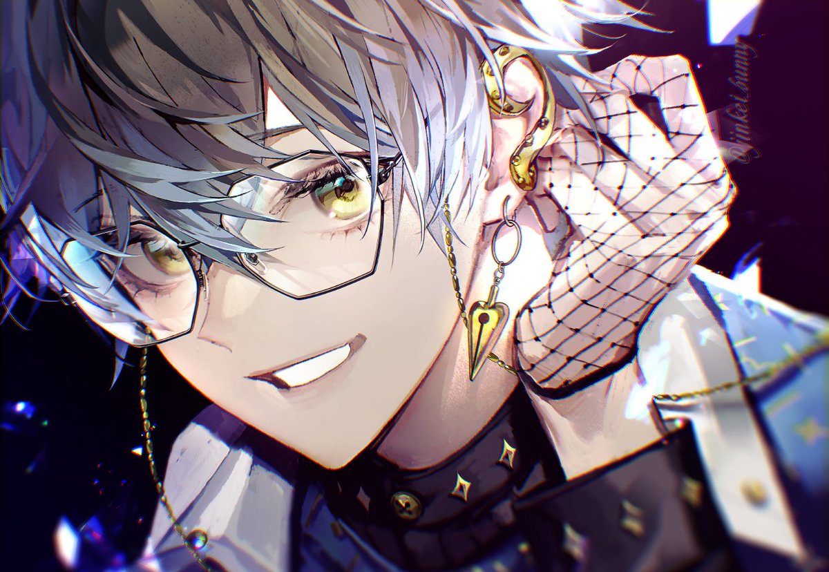 1boy male focus jewelry glasses solo green eyes shirt  illustration images