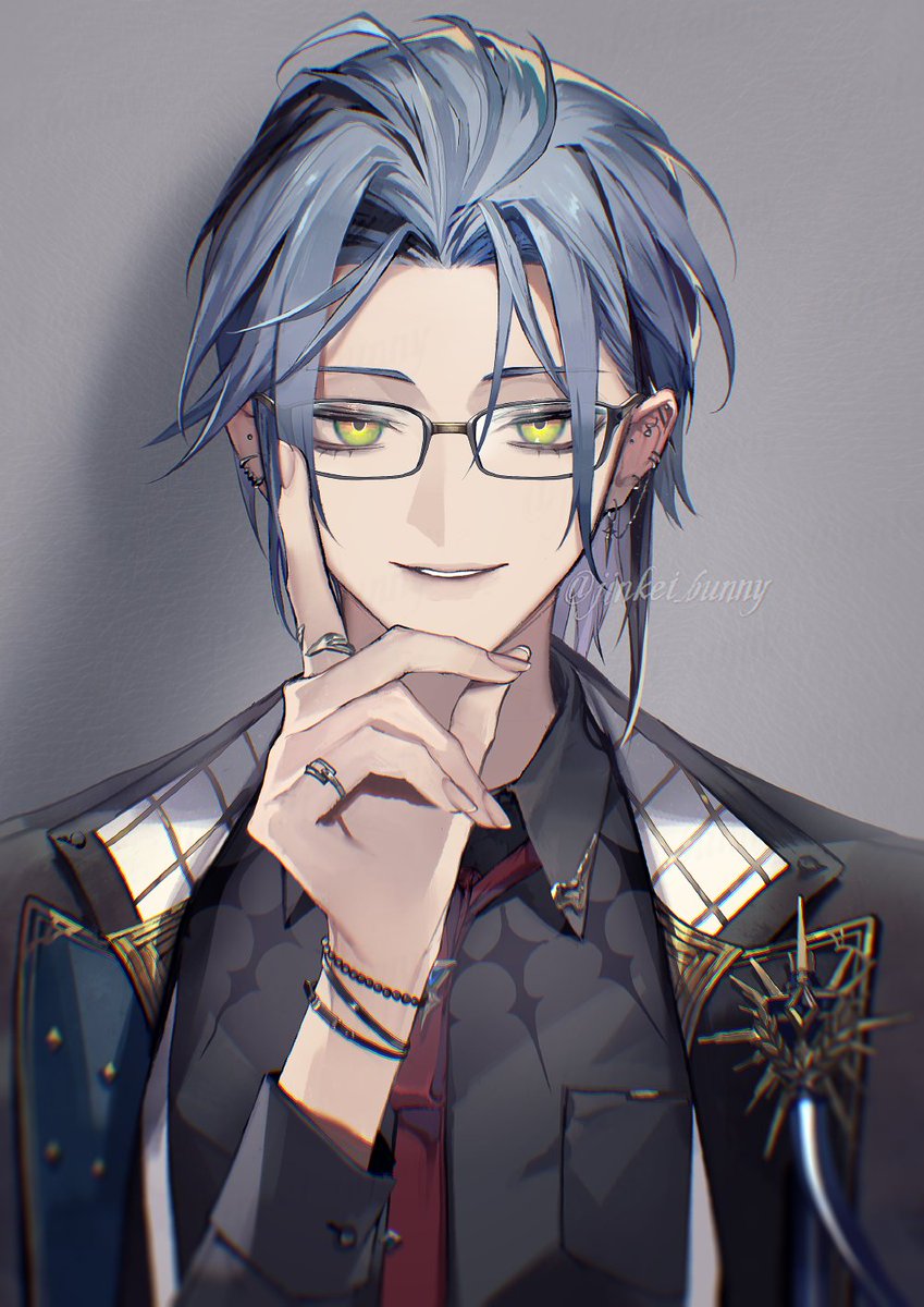 1boy male focus jewelry glasses solo green eyes shirt  illustration images