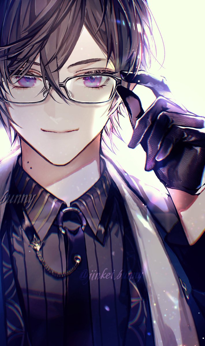 1boy male focus jewelry glasses solo green eyes shirt  illustration images