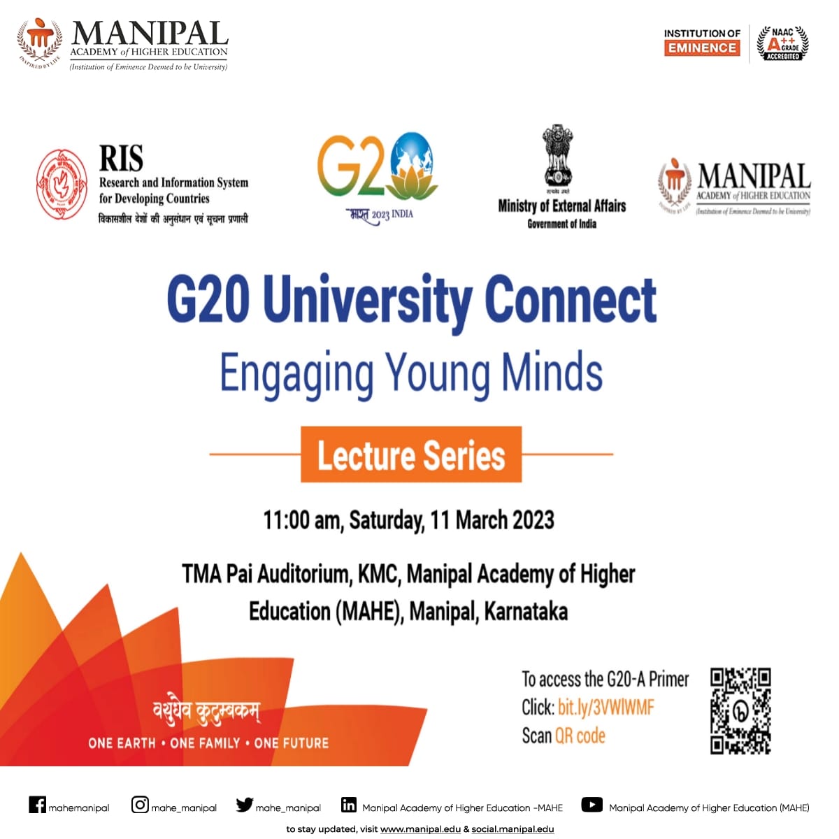 G20 University Connect  
Collaborating with MAHE,Manipal to Connect and Engage Young Minds.

#MAHEManipal #instituteofeminence #G20 #g20org #G20India #g20bharat #g20presidency #G20Summit #education #healthcare #youngminds #connect #engage