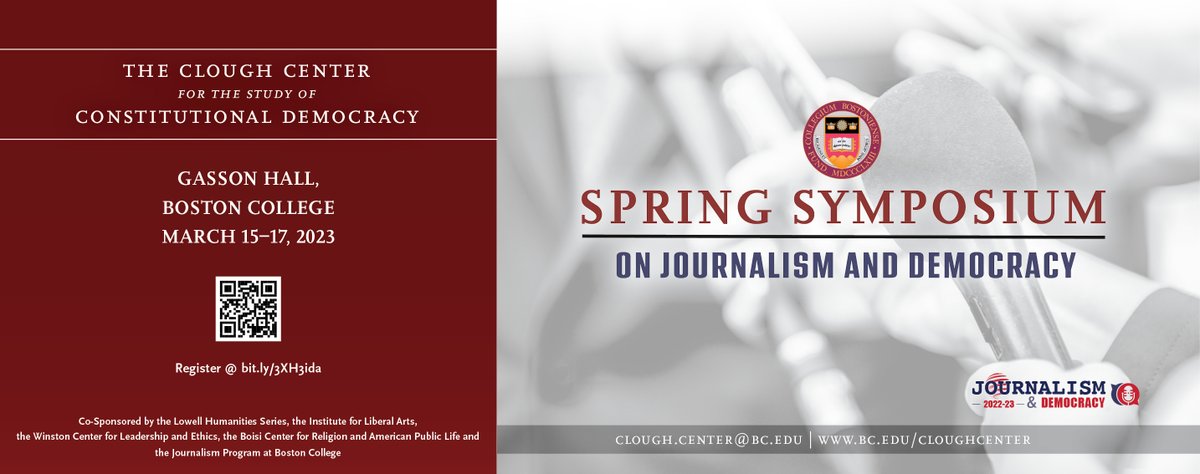 The <a href="/CloughCenterBC/">CloughCenter</a> <a href="/BostonCollege/">Boston College</a> is hosting a 3-day long symposium on “Democracy &amp; Journalism” from March 15, to March 17. Register for sessions with Charlayne Hunter-Gault <a href="/CharlayneHG/">Charlayne H-G</a>, Susan Glasser <a href="/sbg1/">Susan Glasser</a>, Jamelle Bouie <a href="/jbouie/">b-boy bouiebaisse</a>, <a href="/GayleCaleb/">Caleb Gayle</a> and others: bit.ly/3muTlSj