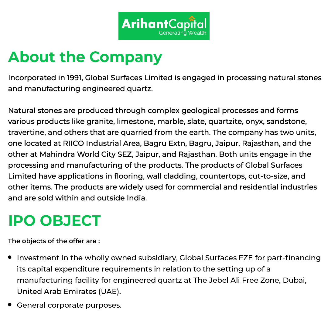 ArihantPlus's tweet photo. Global Surfaces Limited #IPO is live. Should you Invest?
Engaged in processing natural stones and manufacturing engineered quartz.
Open from 13 – 15 Mar 23, with #Investment of ₹14,000.
Apply Now: https://t.co/CJpgZB1O1X
#ipoinvestment #investment #globalsurfacesipo #latstipo https://t.co/C2e5mHGRyf