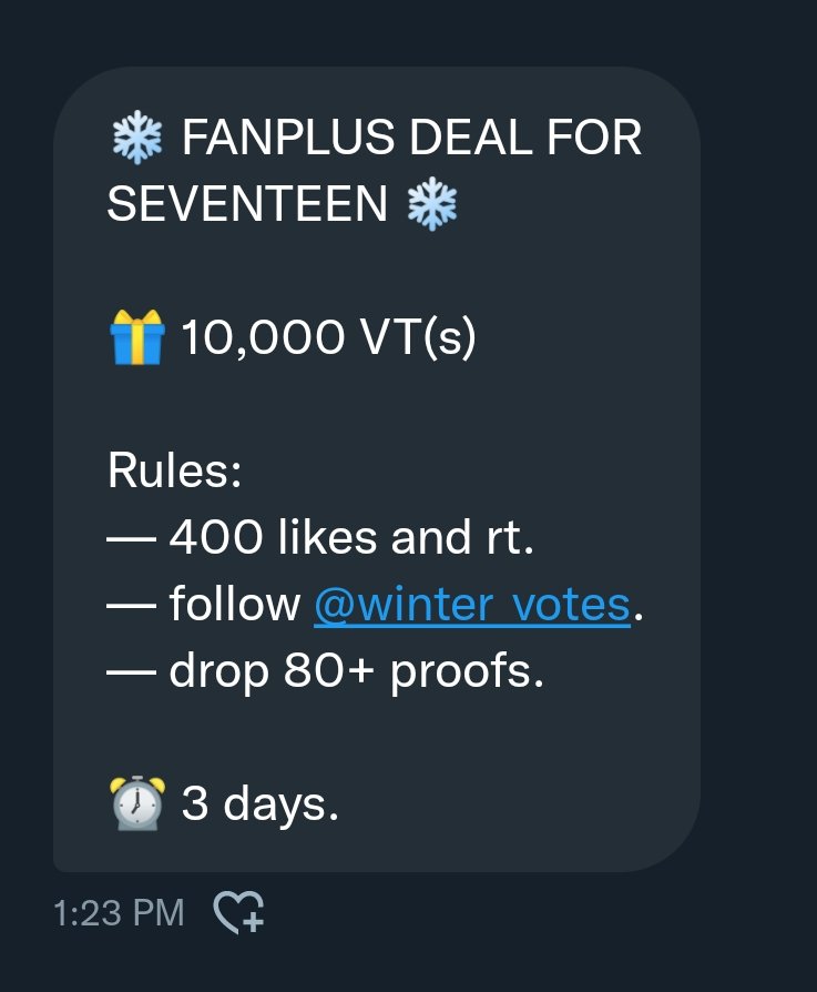 froggyhaoshi's tweet photo. ❄️ FANPLUS DEAL FOR SEVENTEEN ❄️

🎁 10,000 VT(s)

Rules:
— 400 likes and rt.
— follow @winter_votes 
— drop 80+ proofs.

⏰ 3 days. 

#TakeOverCARATS #CaratMatch https://t.co/GTBa9GGOj9