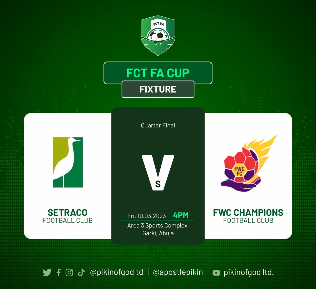 ApostlePikin's tweet photo. Today at the FCT Sports Complex, Area 3, Garki, Abuja at the ongoing 2023 FCT FA Cup.
Quarter Final Fixtures
NAF FC vs HB FC - 2pm
Setraco FC vs FWC Champions FC - 4pm
You wouldn't want to miss these games!
#FCTFACup
#AbujaStreet https://t.co/DHPkqbSJ8P