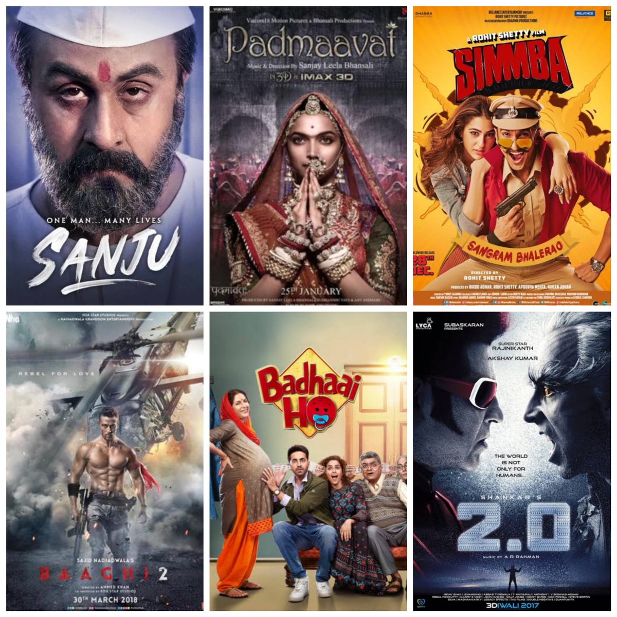Most running film of 2018.
Which of these is your favorite film?
#Sanju
#Padmaavat
#Simmba
#Baaghi2
#BadhaaiHo
#Robot2.0

#RanbirKapoor #deepikapadukone #RanveerSing #SaraAliKhan #TigerShroff #AyushmannKhurrana #AkshayKumar #Rajinikanth𓃵 #Trending #viral #movie #TJMM #Bollywood