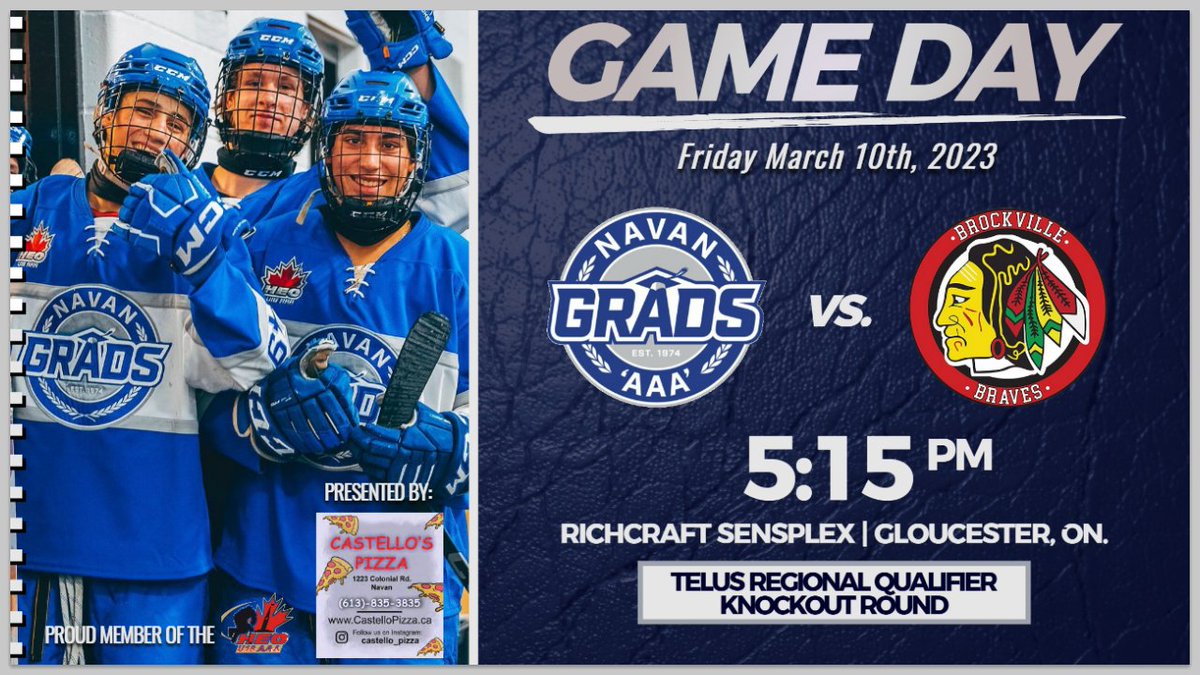 🚨GAME DAY🚨

The Navan Grads U18-AAA collide with the Brockville Braves U18-AAA this afternoon in a <a href="/HEOU18AAA/">HEO U18 AAA 2023-2024</a>  Telus Regional Qualifier Knockout game #GameDay 

Puck drop is at 5:15PM &amp; the game will be streamed live on <a href="/MyHockeyTV/">HockeyTV</a> #Grads #Playoffs