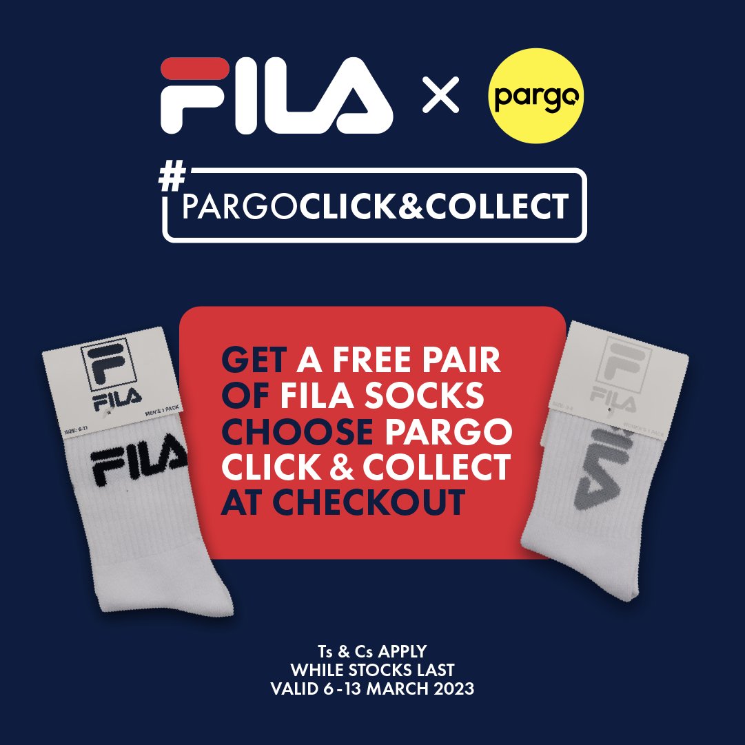 Fila_RSA's tweet image. 🚨Level up your sportswear game with FILA and get a FREE pair of FILA socks when you choose Pargo Click &amp;amp; Collect at checkout from 6- 17 March 2023 

fila.co.za

Ts &amp;amp; Cs apply, offer valid whilst stocks last

#fila #filarsa #Pargo #clickandcollect @pargopoint