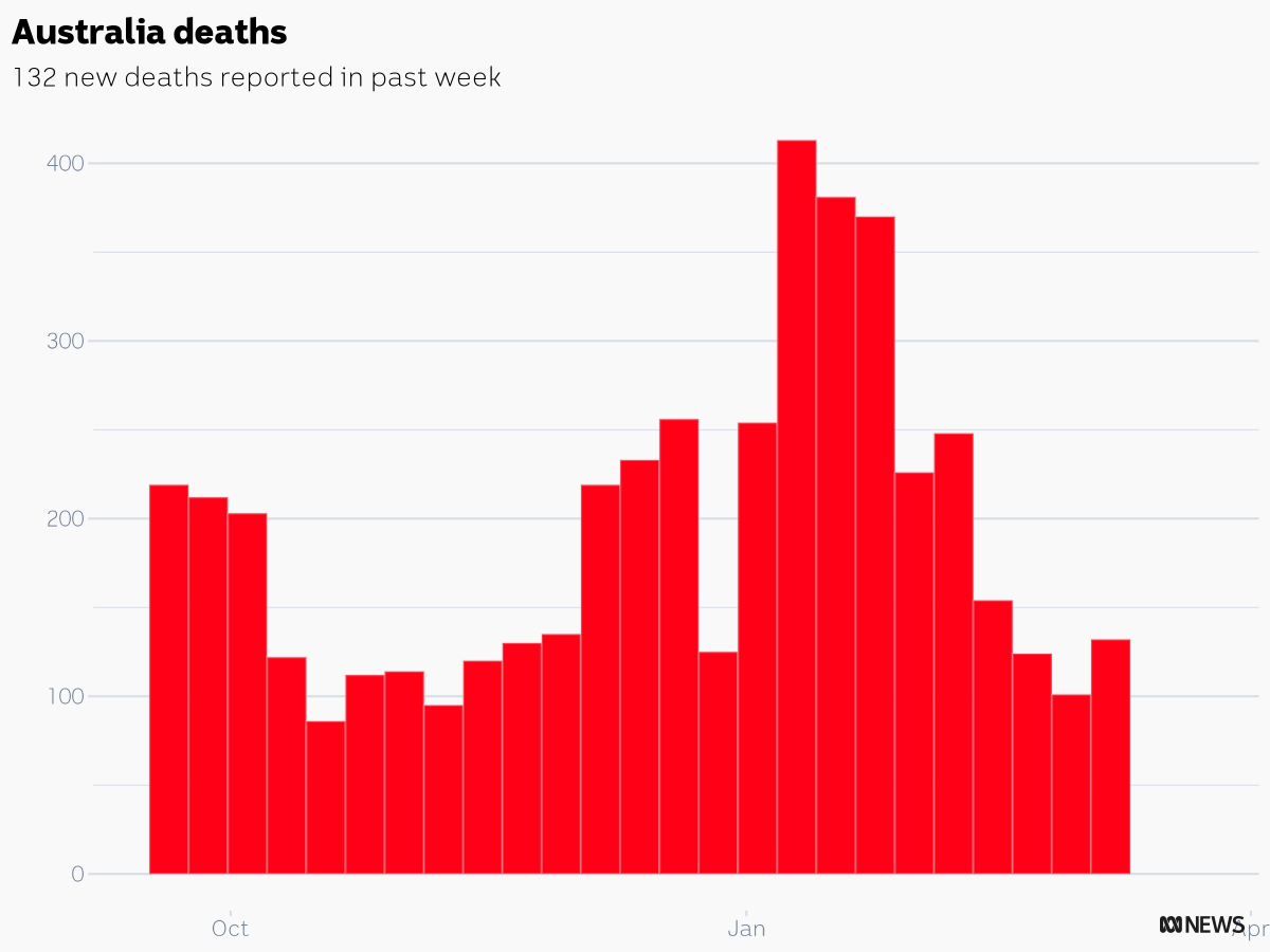 CaseyBriggs's tweet photo. Australian authorities reported 132 COVID deaths in the week ending Mar 10
ACT: 0
NSW: 36
NT: 1
QLD: 12
SA: 43
TAS: 3
VIC: 33
WA: 4
#c19chart https://t.co/6XTPUFnt0Y
