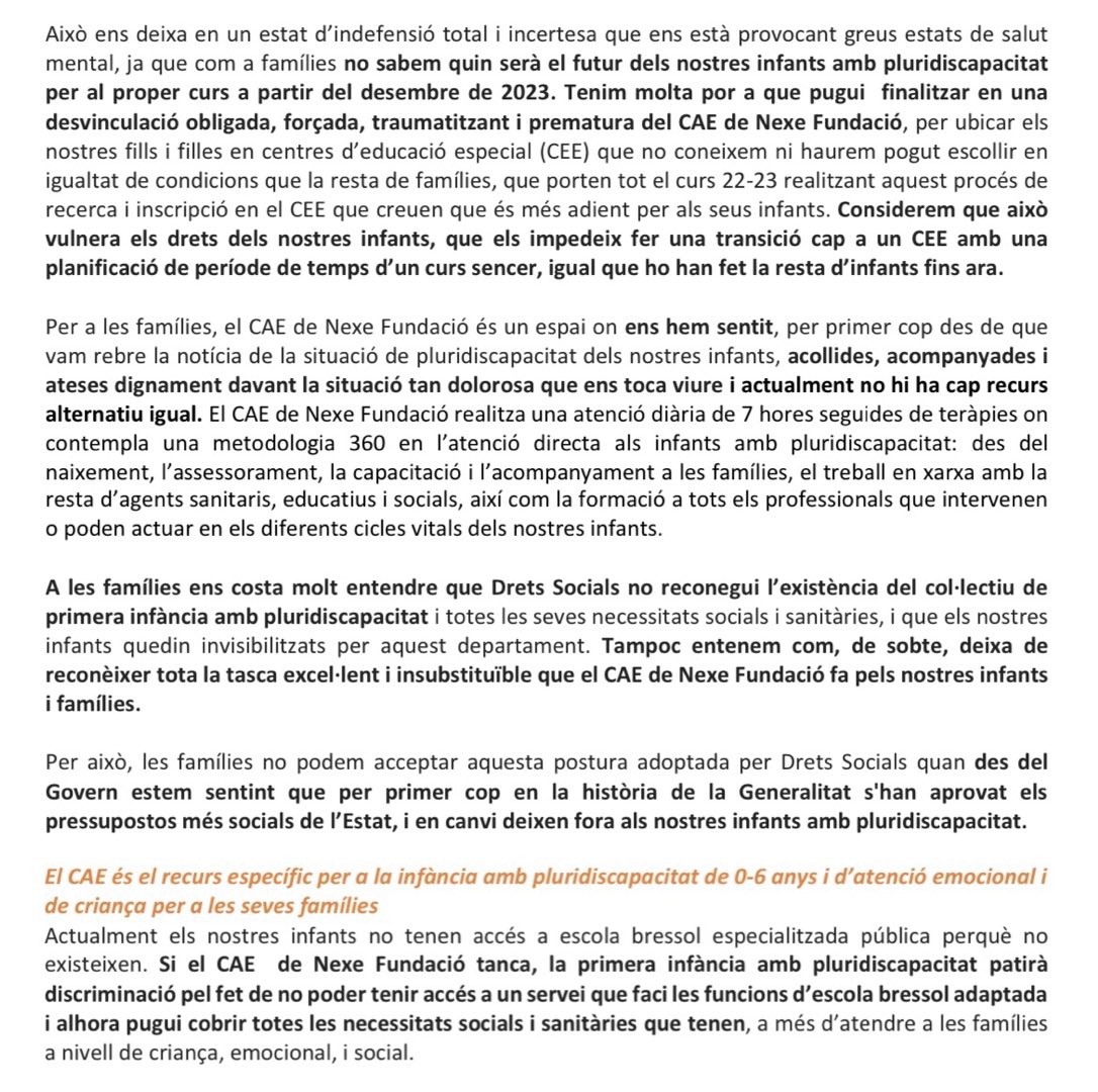 teixikick's tweet photo. No podem permetre la desaparició del servei del CAE de @nexefundacio per la infància amb pluridiscapacitat de 0-6 anys. Servei indispensable i únic en tot Catalunya! #injusticia #somnexe #elCAEnoestanca https://t.co/KA2ctm0pEH
