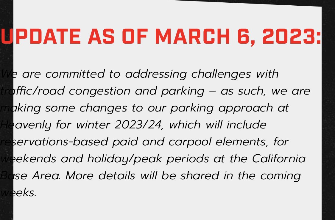 87silverfox's tweet photo. Looks like @skiheavenly will start charging for parking at the CA lodge next season.  #SLT #SouthLakeTahoe #Tahoe https://t.co/TCywiWDmJc