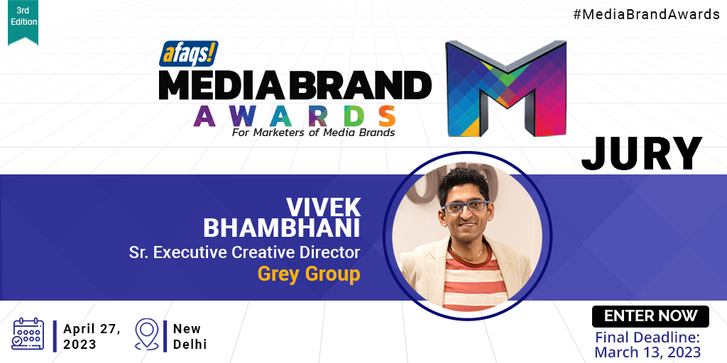 #MediaBrandAwards: We are delighted to have Vivek Bhambhani from <a href="/greygroup/">Grey</a> as our juror at Media Brand Awards 2023. 🏆
Thank you for joining us!

ENTER NOW: bit.ly/3Yds5Wk

#Print #TV #music #OTT #Awards #media #MediaBrandAwards <a href="/afaqs/">afaqs!</a>