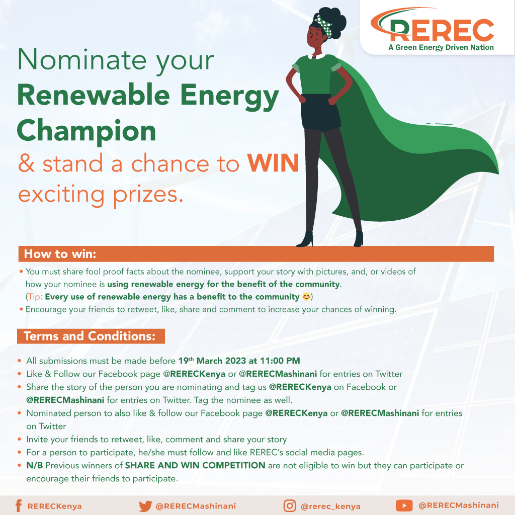 RERECMashinani's tweet photo. We appreciate our stakeholders for being part of our journey in implementing our mandate by providing sustainable energy solutions through rural electrification and renewable energy. Nominate your renewable energy champion and both of you get to win fabulous prices. https://t.co/P5nabmJryF