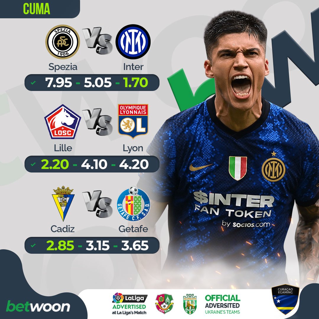 👉TÜM MAÇLAR EN YÜKSEK ORANLARIYLA #BETWOON'DA!

🎁100TL DENEME BONUSU!

⚽Spezia🥅Inter
⚽Lille🥅Lyon
⚽Cadiz🥅Getafe

🎁%300 İLK YATIRIM BONUSU!

➡rebrand.ly/SocialMediaa

#betwoon #sport #bahis #iddaa #canlı