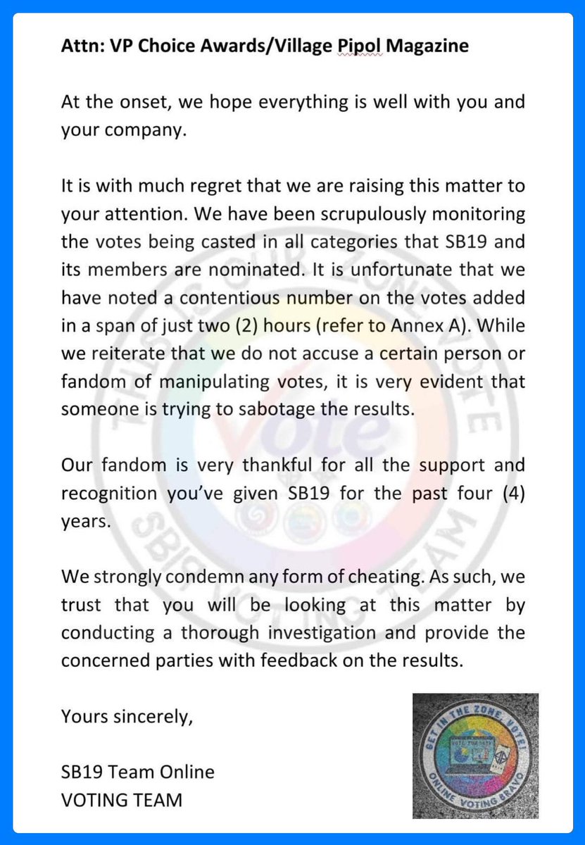 SB19_VotingTeam's tweet photo. A’TINTION!

STOP VOTING for SB19 under the Music Video of the Year category. Focus on PPOP Song of the Year and solo nominations instead.

Let’s hope the responsible person/party on this issue’s still kind enough to leave the remaining categories untouched.

@SB19Official #SB19 https://t.co/aq8PCFQaky