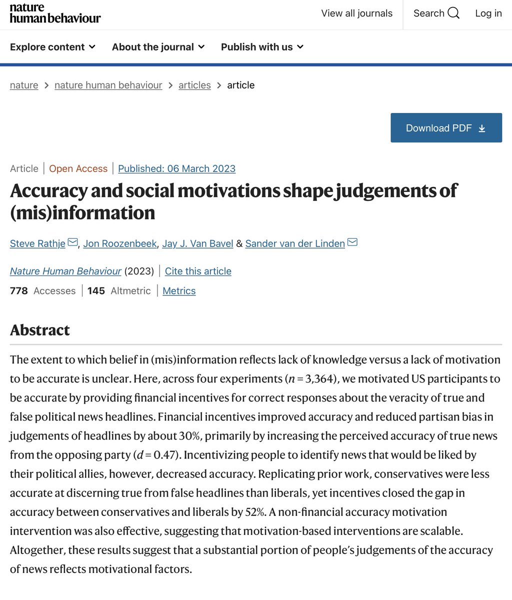 BeverleyBMiles's tweet image. Financial incentives to correct #misinformation online

⚫️ conservatives did better with monetary motivation than without

⚫️ greater agreement on #truth from both sides 

@steverathje2 

#PublicInterestTech 
#Disinformation
#PredatoryDesign 
#FutureOfSocialMedia
#auspol 
#EdChat