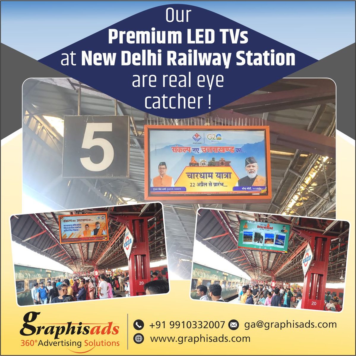 LED TVs installed at strategic points at all platforms of 
New Delhi Railway Station gives best mileage to Brands at economical cost. 

#NewDelhiRailwayStation#UKGovt#Uttrakhandgovernment#advertising#outdooradvertising#OOHMedia#trainadvertising#Digitalpromotion#Graphisads
