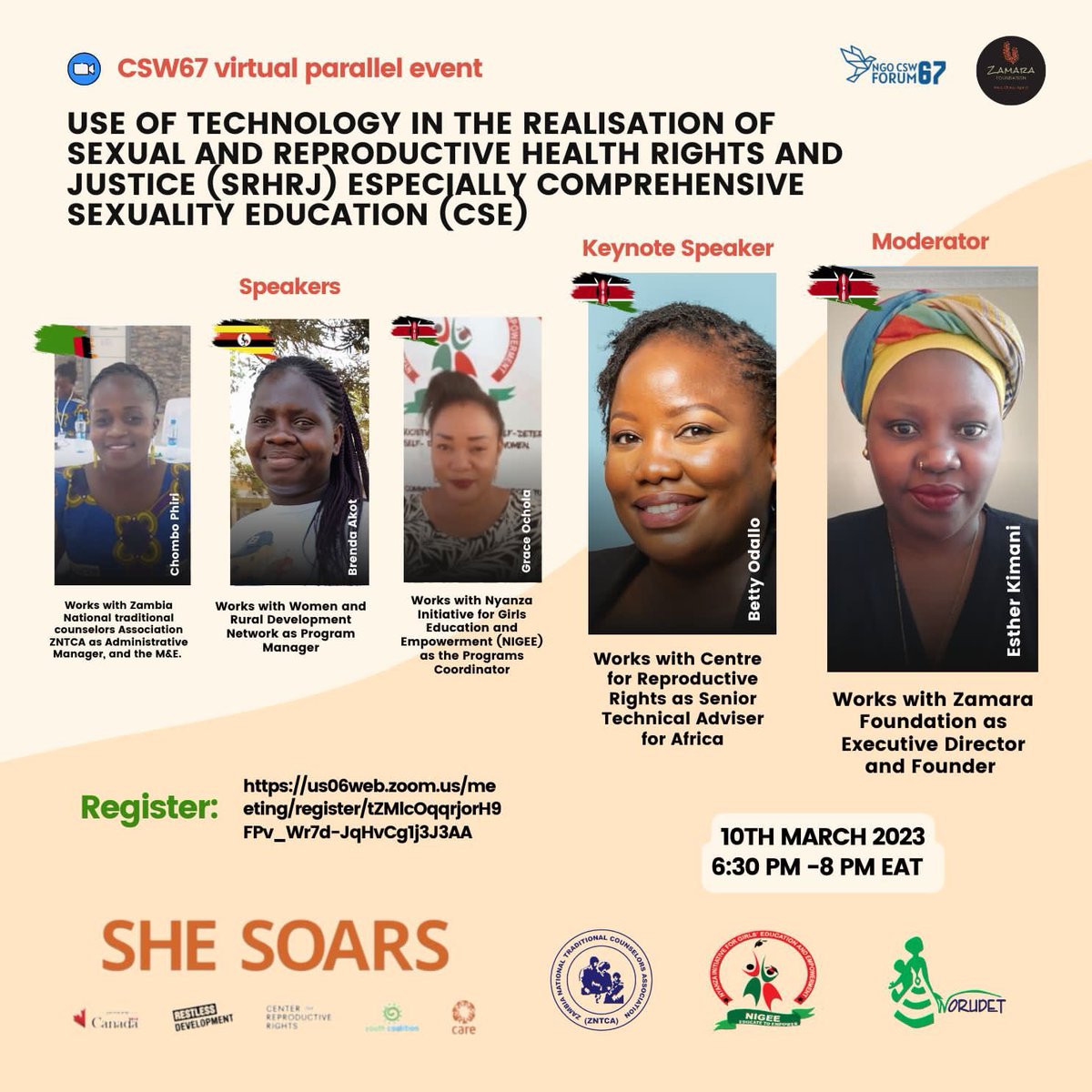 It's time to unlock the potential of technology in advancing SRHR and justice, especially on CSE. 

Join in today from 6:30 pm EAT @Zamara_fdn  will be hosting a parallel event on this important topic. 

We can't wait to hear from our panelists. #SHESOARS  #CSW67 #ZamaraVoices