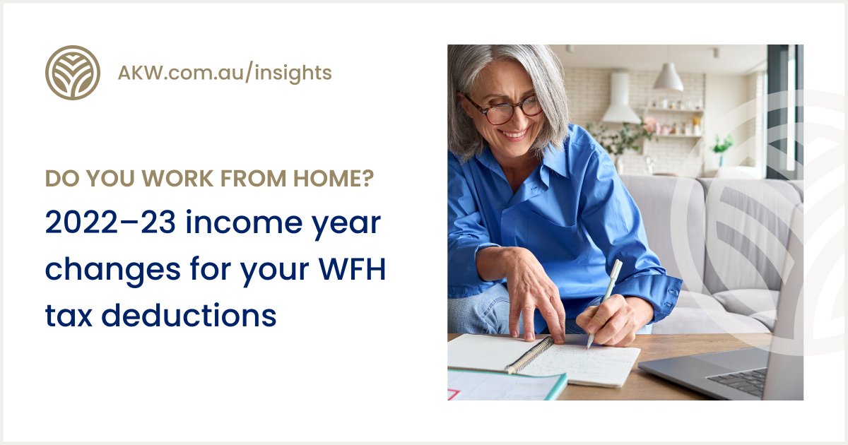 💻🏠 Working from home?
The ATO has issued new guidelines for claiming deductions using the fixed cost method starting July 1, 2022. You can claim 67 cents per hour for energy, internet, phone and stationery expenses. 📝📅 Keep a diary of your workdays as evidence. #AKW #WFH